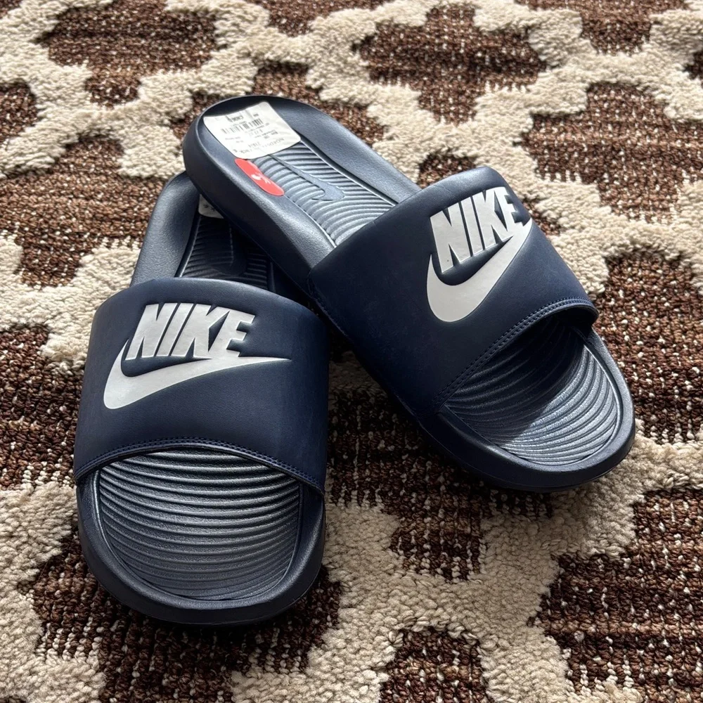 Nike Navy Blue & White Slide Sandals